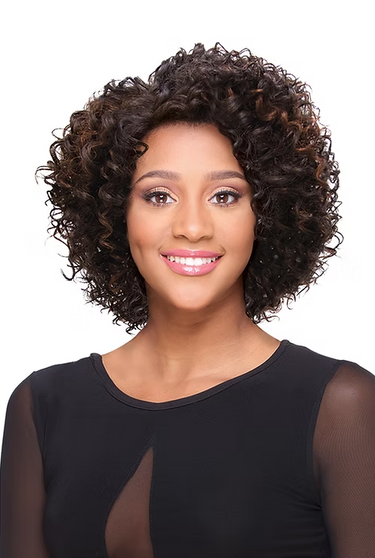 Woman with curly hair wearing a black top on a white background